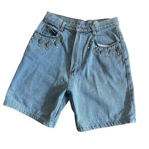 Vintage Zone Blue Denim Jean Shorts 7” High Rise Rhinestones Embellished 12 USA